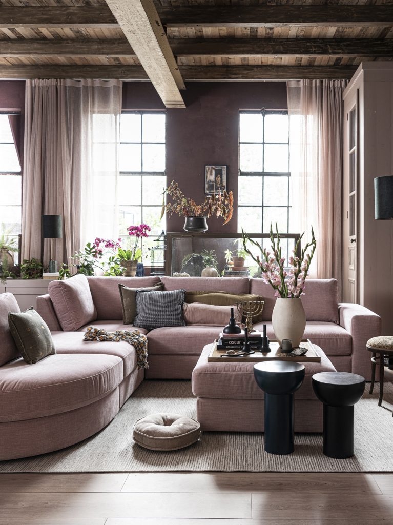 Family stool woven fabric pink 1